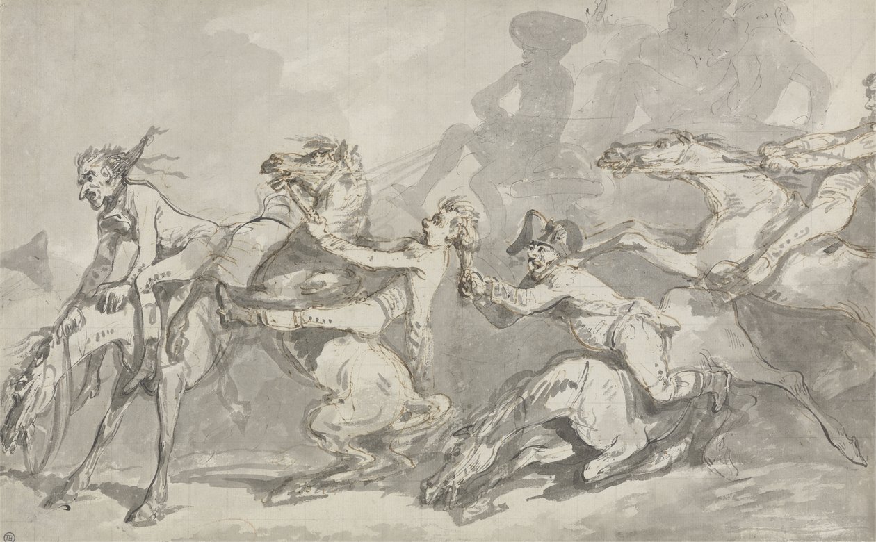 Horsemen Colliding, ok. 1785-90 (pióro i atrament z brązowym praniem na papierze) autorstwa Thomas Rowlandson