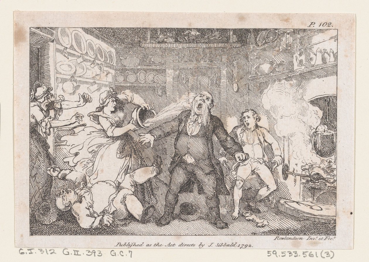Hostessa wylewa rondel krwi w twarz pastora Andrewsa, z Przygody..., 1792. autorstwa Thomas Rowlandson