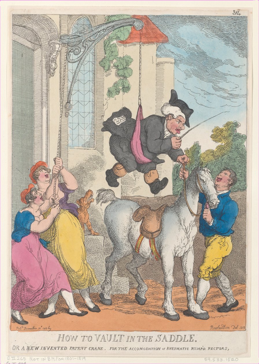 Jak przeskoczyć w siodle lub nowy patentowy żuraw do zakwaterowania..., 30 grudnia 1813. autorstwa Thomas Rowlandson