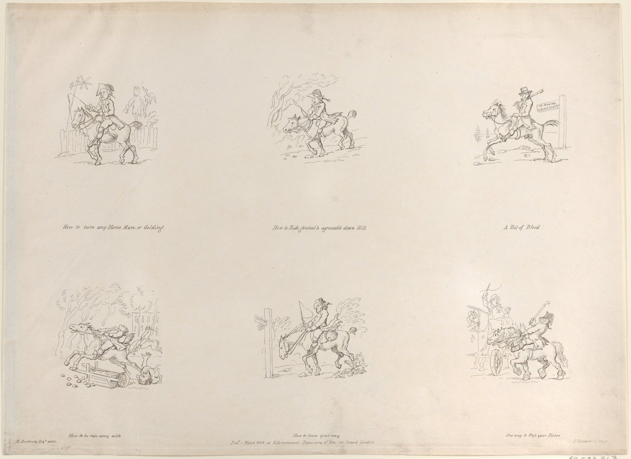 Jak obrócić dowolnego konia, klacz lub wałacha, Jak jeździć elegancko i przyjemnie w dół Hil..., 1 marca 1803 r. autorstwa Thomas Rowlandson