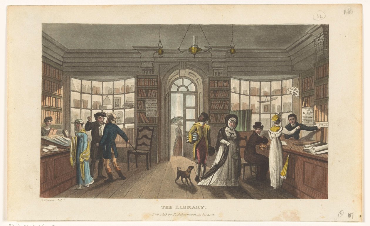 Wnętrze biblioteki wypożyczającej książki autorstwa Thomas Rowlandson