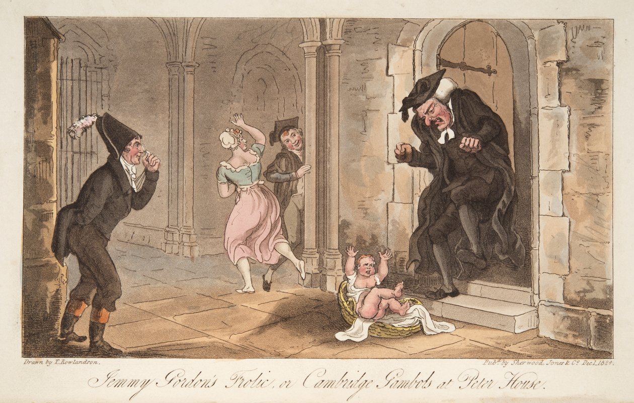 Jemmy Gordons Frolic lub Cambridge Gambols w Peter House, z The English Spy, wyd. 1824 (grawerowanie ręcznie kolorowane) autorstwa Thomas Rowlandson