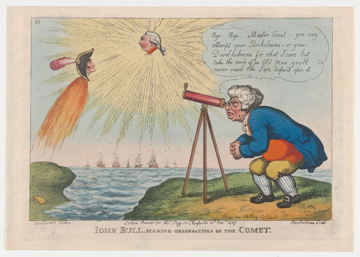 John Bull dokonujący obserwacji na komecie, 10 listopada 1807, 10 listopada 1807. autorstwa Thomas Rowlandson