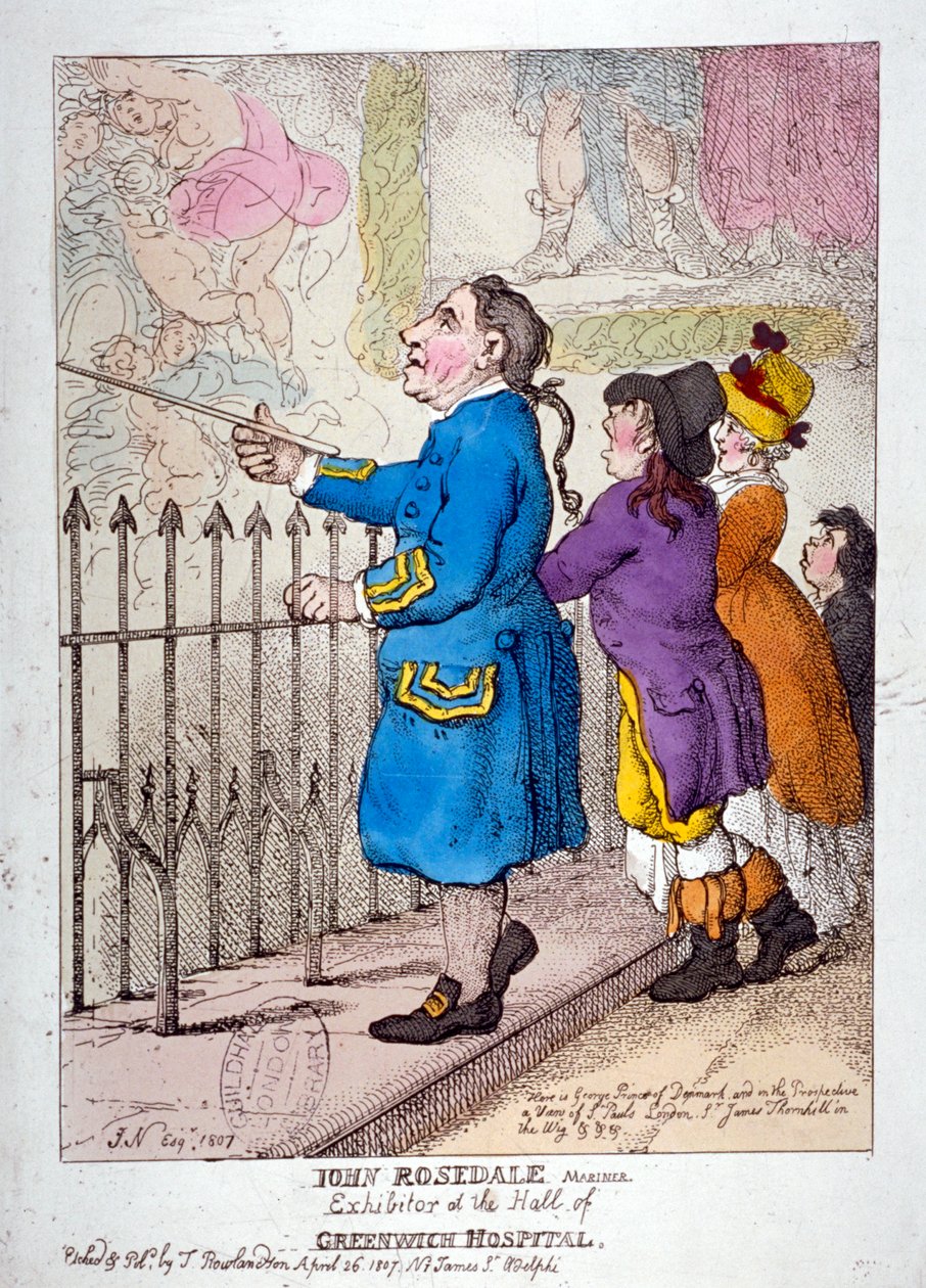 „John Rosedale, marynarz, wystawca hali szpitala Greenwich”, 1807 r. autorstwa Thomas Rowlandson