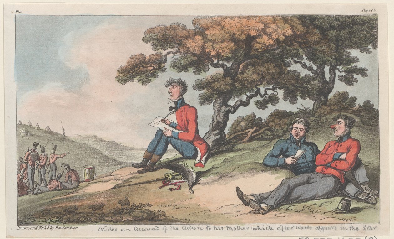 Johnny pisze matce relację z akcji, która potem pojawia się w Star..., 1815. autorstwa Thomas Rowlandson