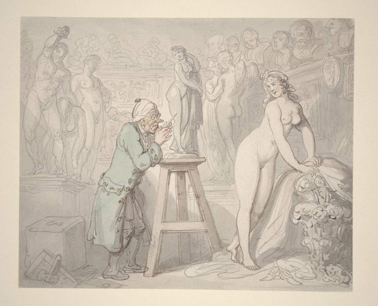 Joseph Nollekens w swojej pracowni, ok. 1810 (ołówek, tusz i akwarela na papierze) autorstwa Thomas Rowlandson