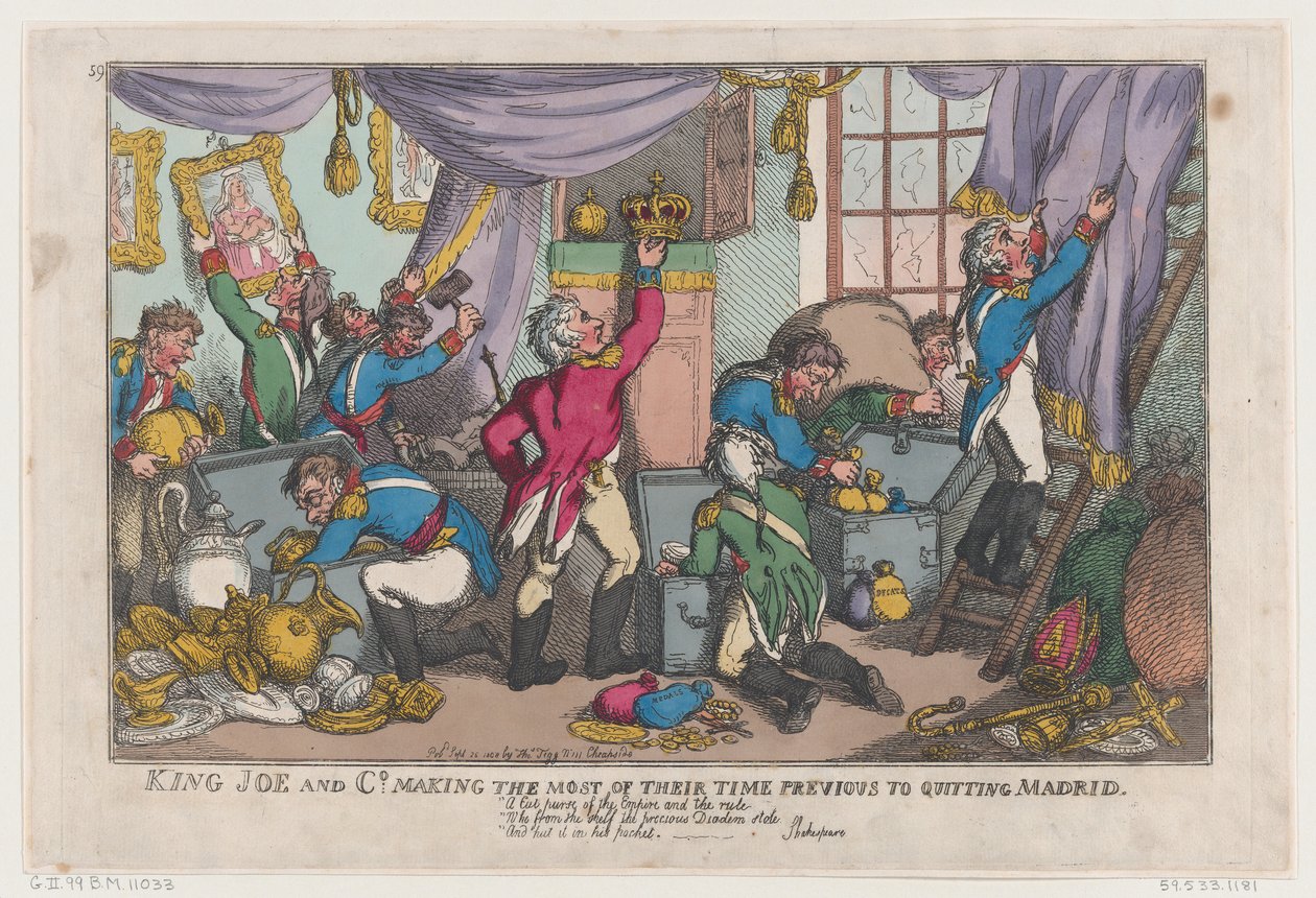 Król Joe i spółka w pełni wykorzystali swój czas przed opuszczeniem Madrytu, ..., 25 września 1808 r. autorstwa Thomas Rowlandson