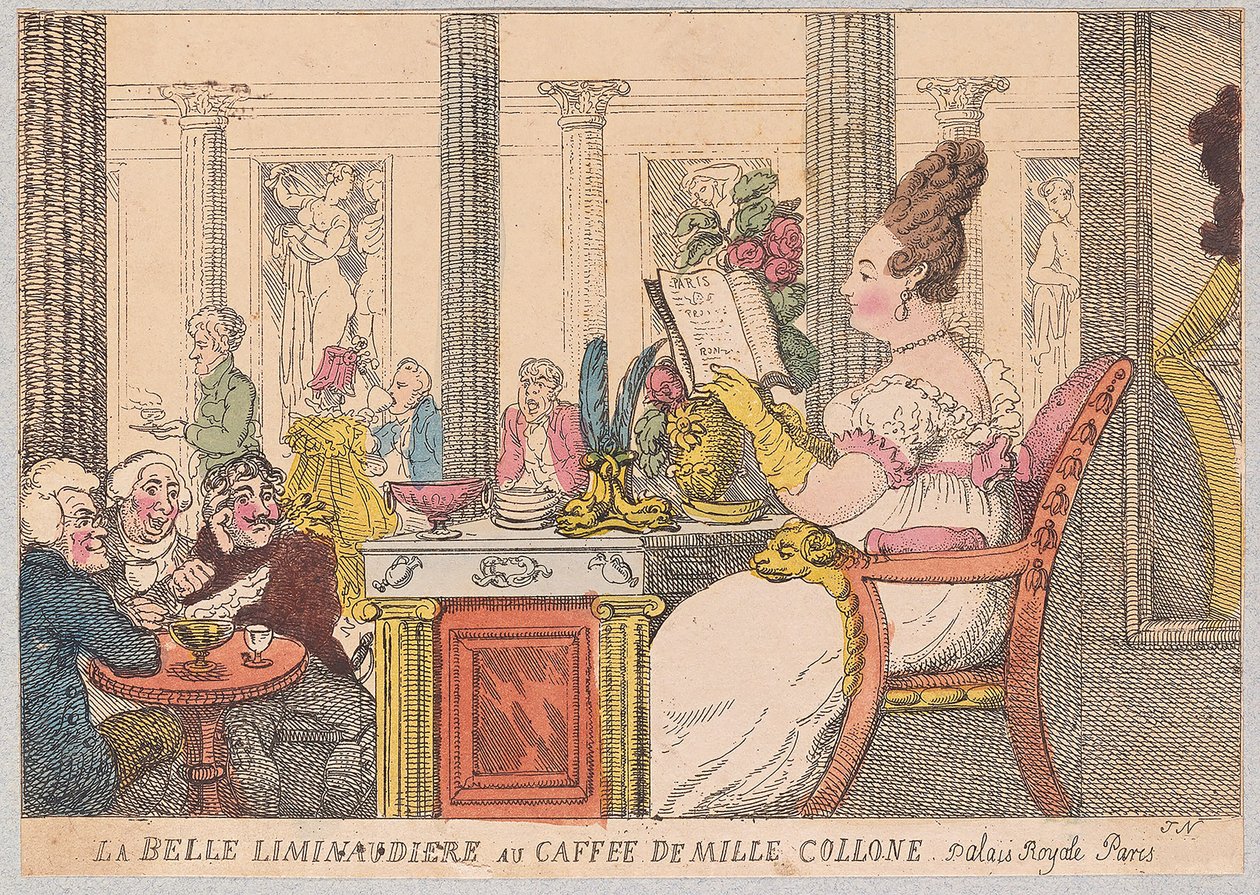 La Belle Liminaudiere w Café de Mille Colonne, Palais Royal, Paryż, wyd. 1814 (grawerowanie ręcznie kolorowane) autorstwa Thomas Rowlandson