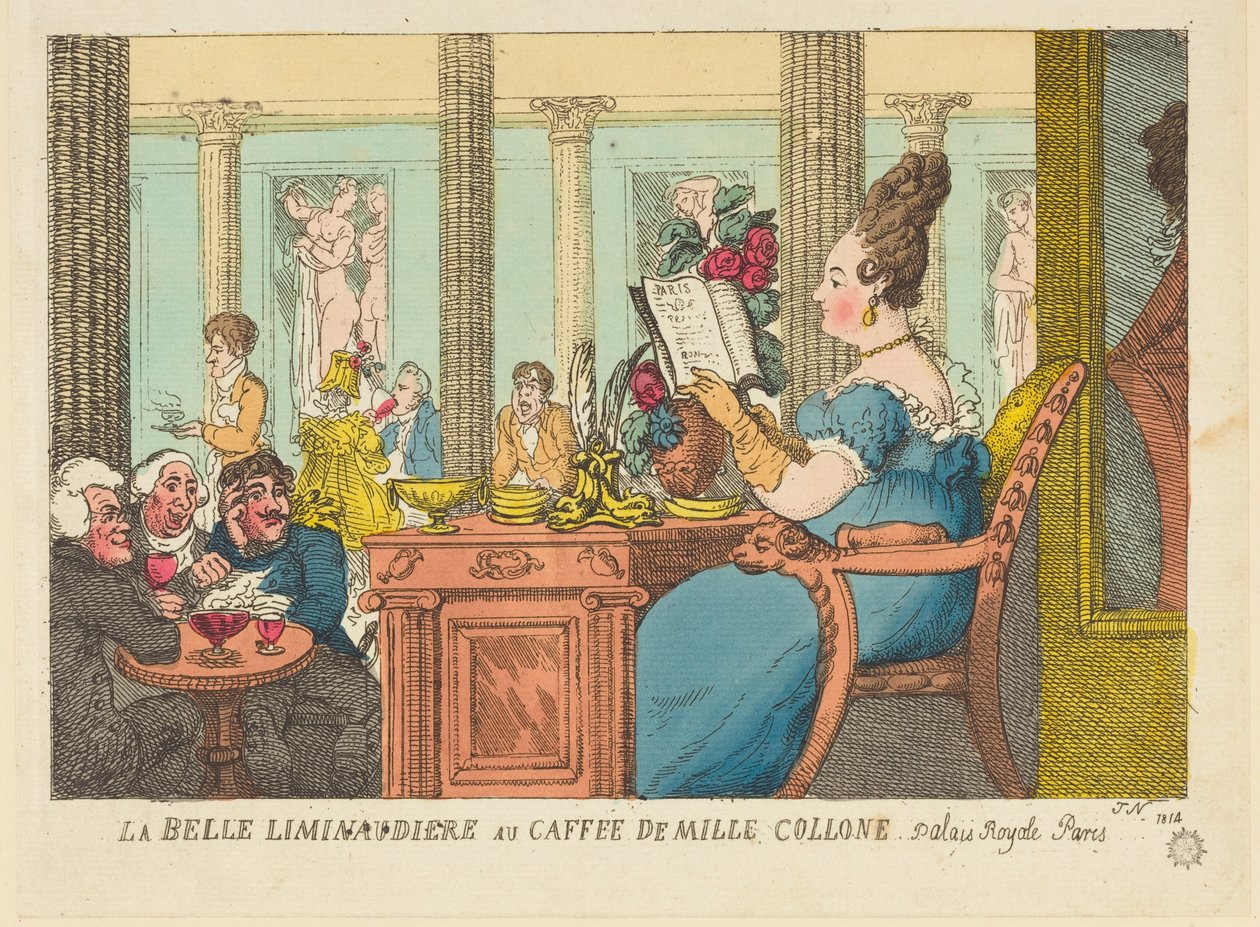 „La Belle Limonaudiere” w Café des Mille Colonnes, Palais Royal, Paryż autorstwa Thomas Rowlandson