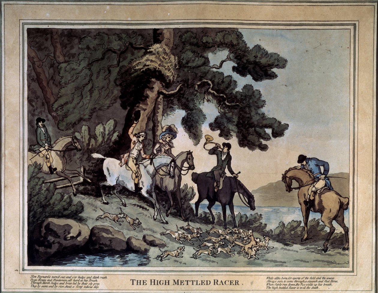 Spotkanie wysokich kurierów (Najlepszy biegacz). Rysunek Thomasa Rowlandsona (1756-1827). Akwaforta i akwarela autorstwa Thomas Rowlandson