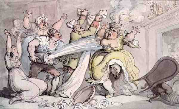 Dama z peruką w ogniu (pióro i atrament oraz akwarela na papierze) autorstwa Thomas Rowlandson