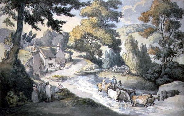 Krajobraz z bydłem brodzącym w strumieniu autorstwa Thomas Rowlandson