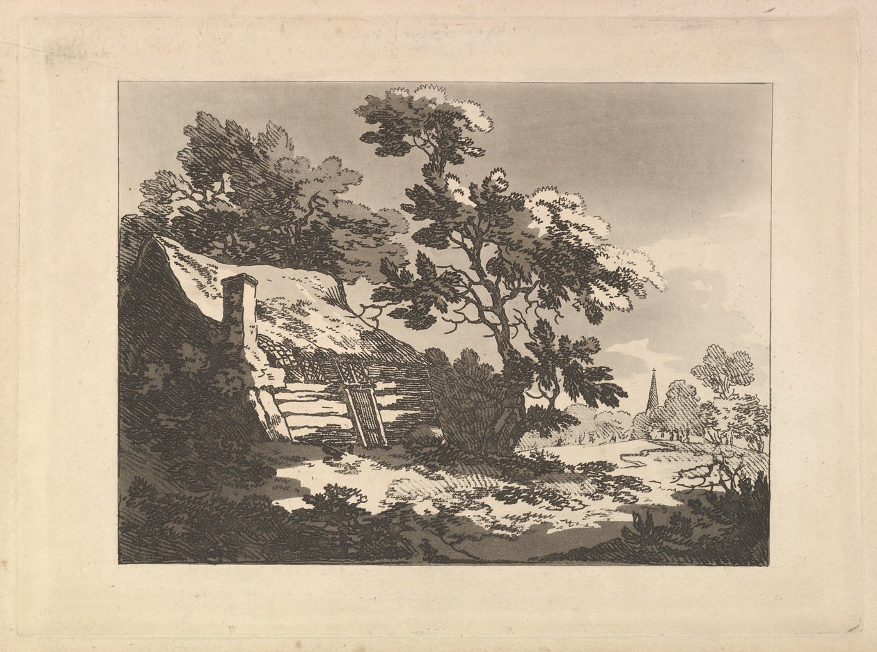 Pejzaż z chatą pośród drzew po lewej stronie i wieżą kościoła w oddali po prawej stronie autorstwa Thomas Rowlandson