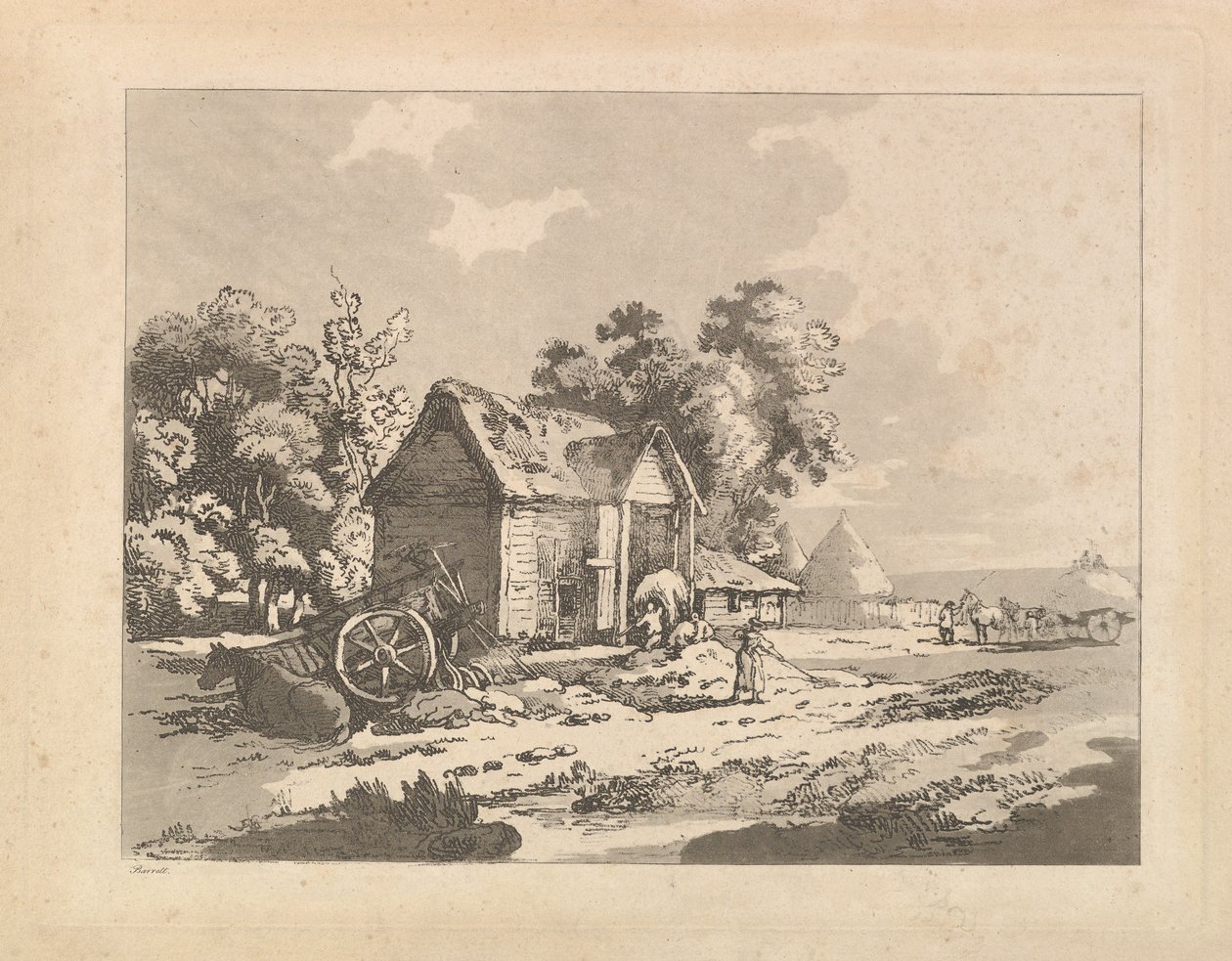 Krajobraz z postaciami przechowującymi siano w stodole, wóz i koń leżący po lewej stronie, 1783-84. autorstwa Thomas Rowlandson