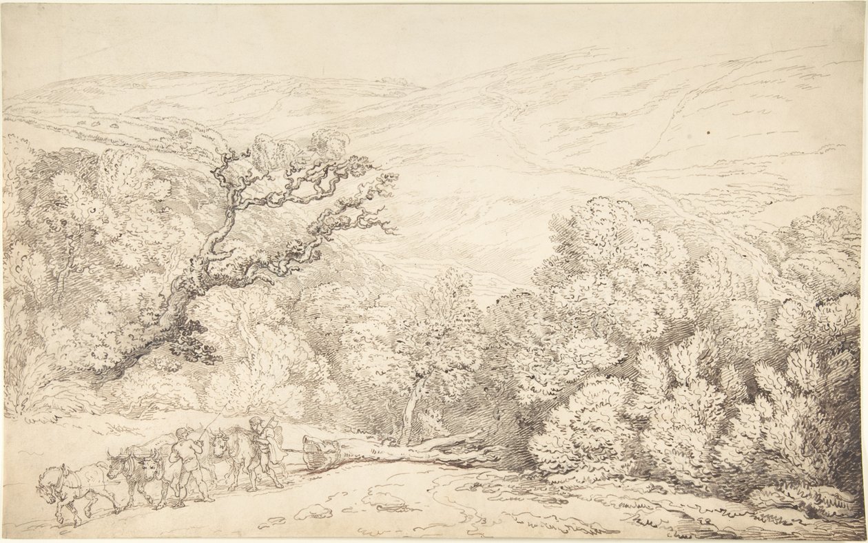 Krajobraz z wołami i ściętym drzewem autorstwa Thomas Rowlandson