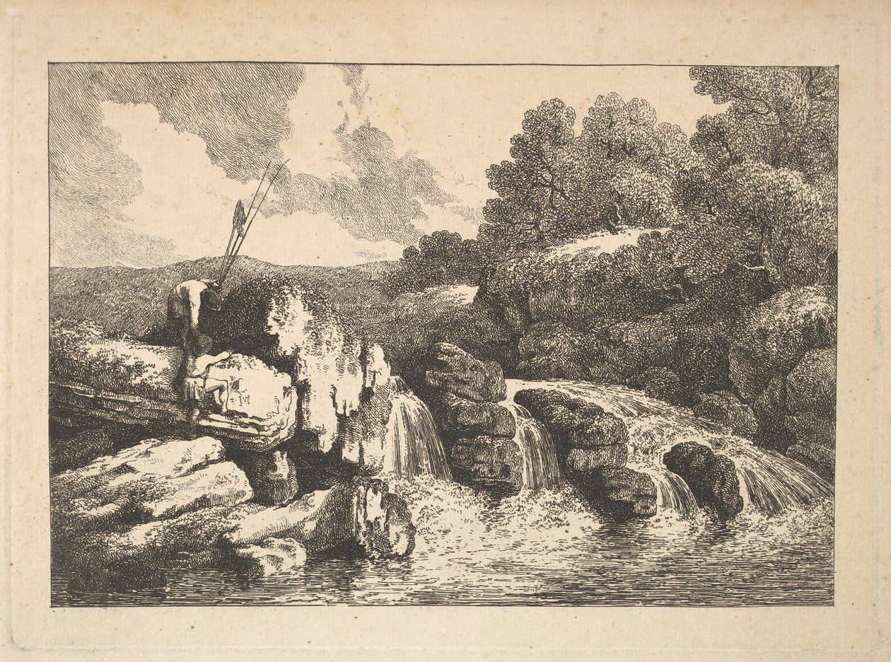 Krajobraz z dwoma rybakami wspinającymi się po skałach obok wodospadu, 1784-88. autorstwa Thomas Rowlandson