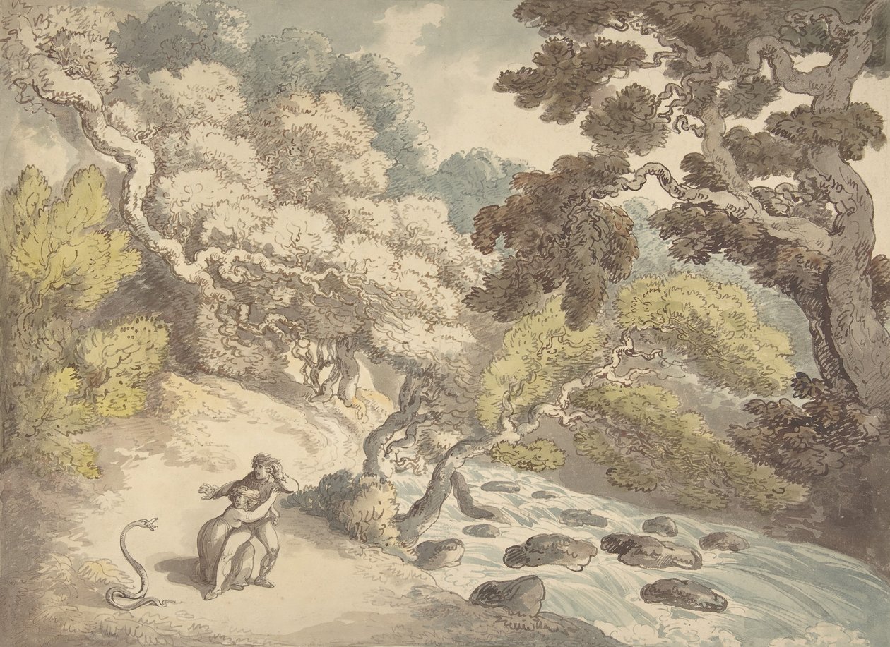 Krajobraz z rwącym strumieniem i parą na brzegu, spłoszoną przez węża, 1775-1827. autorstwa Thomas Rowlandson