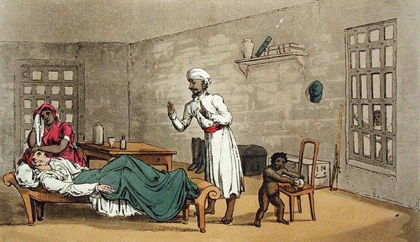 Ostatnia wizyta asystenta doktora z filmu „Wielki mistrz czy przygody Qui Hi? w hindostanie. A Hudibras Poem in Eight Cantos by Quiz”, William Combe (1741-1823), wyd. Thomas Tegg, Londyn autorstwa Thomas Rowlandson