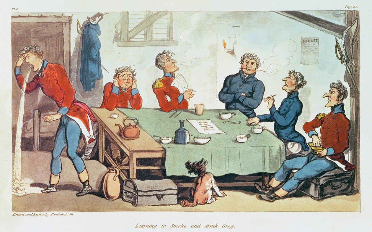 Nauka palenia i picia grogu. 1815 autorstwa Thomas Rowlandson