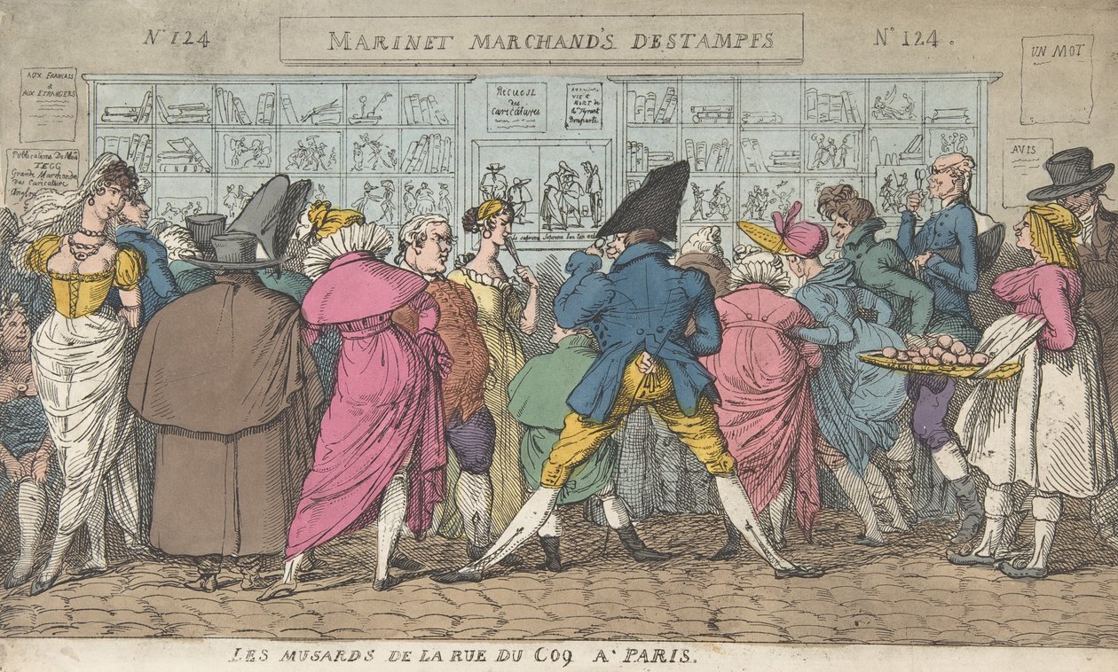 Musztardy z Rue du Coq w Paryżu Dawdlers z Rue Coq, Paryż, ca. 1810 r., ok. 1810 r. 1810. autorstwa Thomas Rowlandson