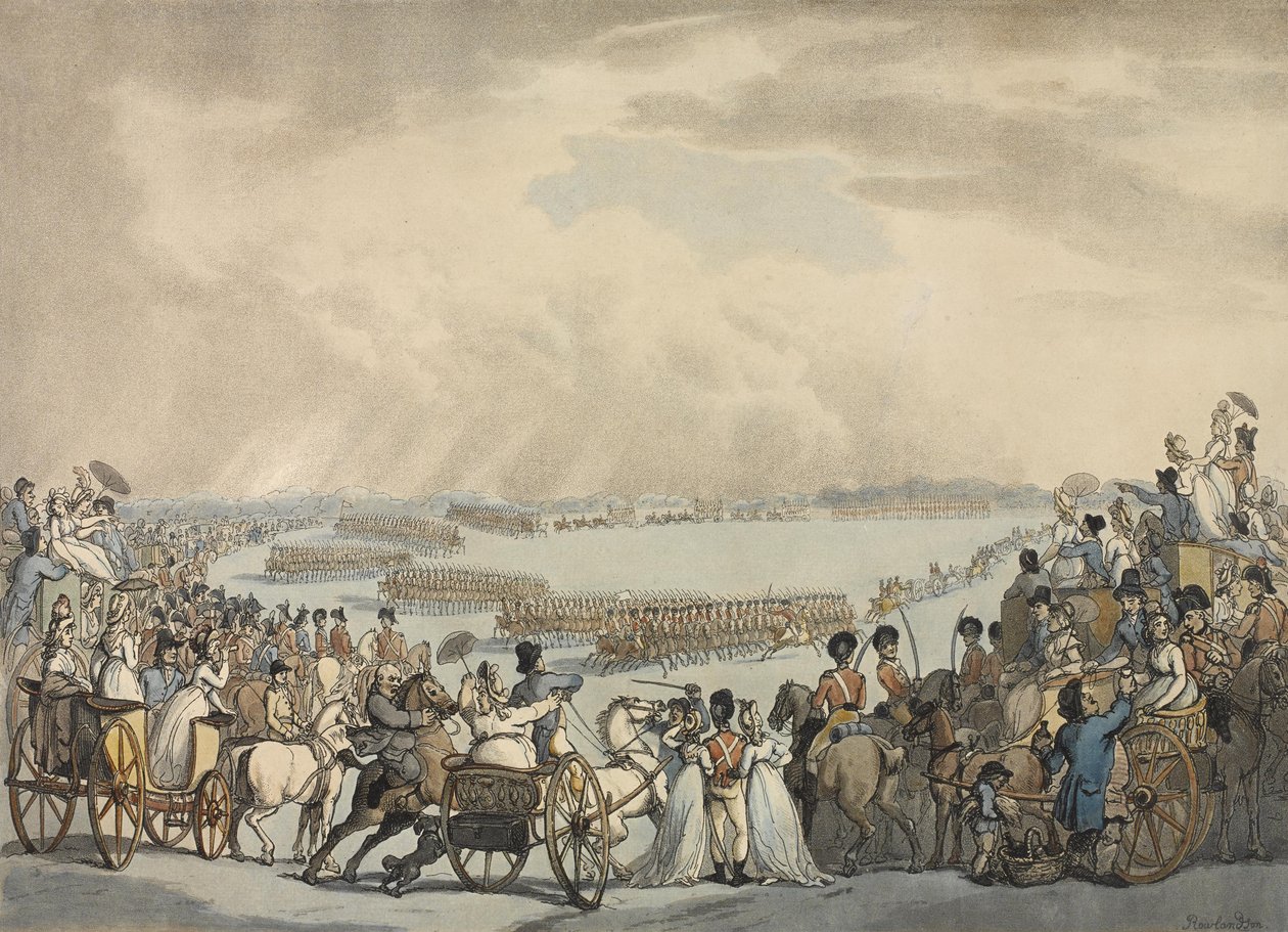 Light Horse Volunteers of London and Westminster, dowodzony przez pułkownika Herriesa, zrecenzowany przez Jego Wysokość na Wimbledon Common, 5 lipca 1798 (kolorowa akwatinta) autorstwa Thomas Rowlandson