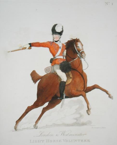 London and Westminster Light Horse Volunteer, płyta 1 z „Loyal Volunteers of London and Environs”, opublikowana w 1798 (kolor lito) autorstwa Thomas Rowlandson