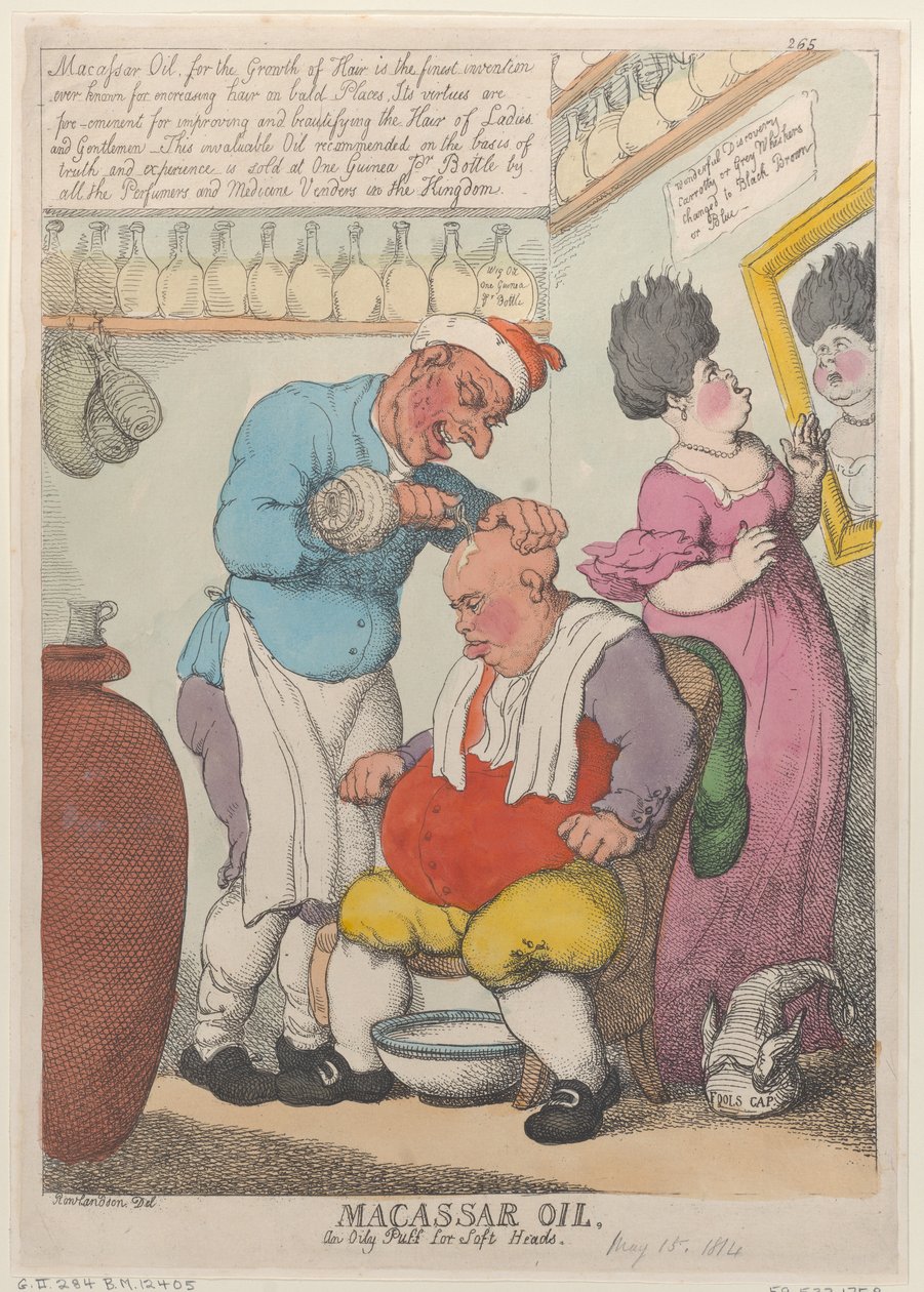 Olej makasarski, oleisty ptyczek do miękkich głów, 15 marca 1814., 15 marca 1814. autorstwa Thomas Rowlandson