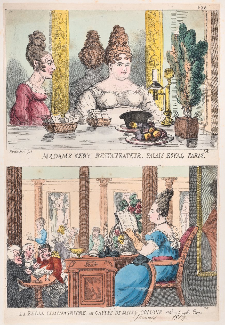 Madame Very Restauranteur, Palais Royal Paris i La Belle Liminaudiere w Caffee De Mille..., 1814. autorstwa Thomas Rowlandson