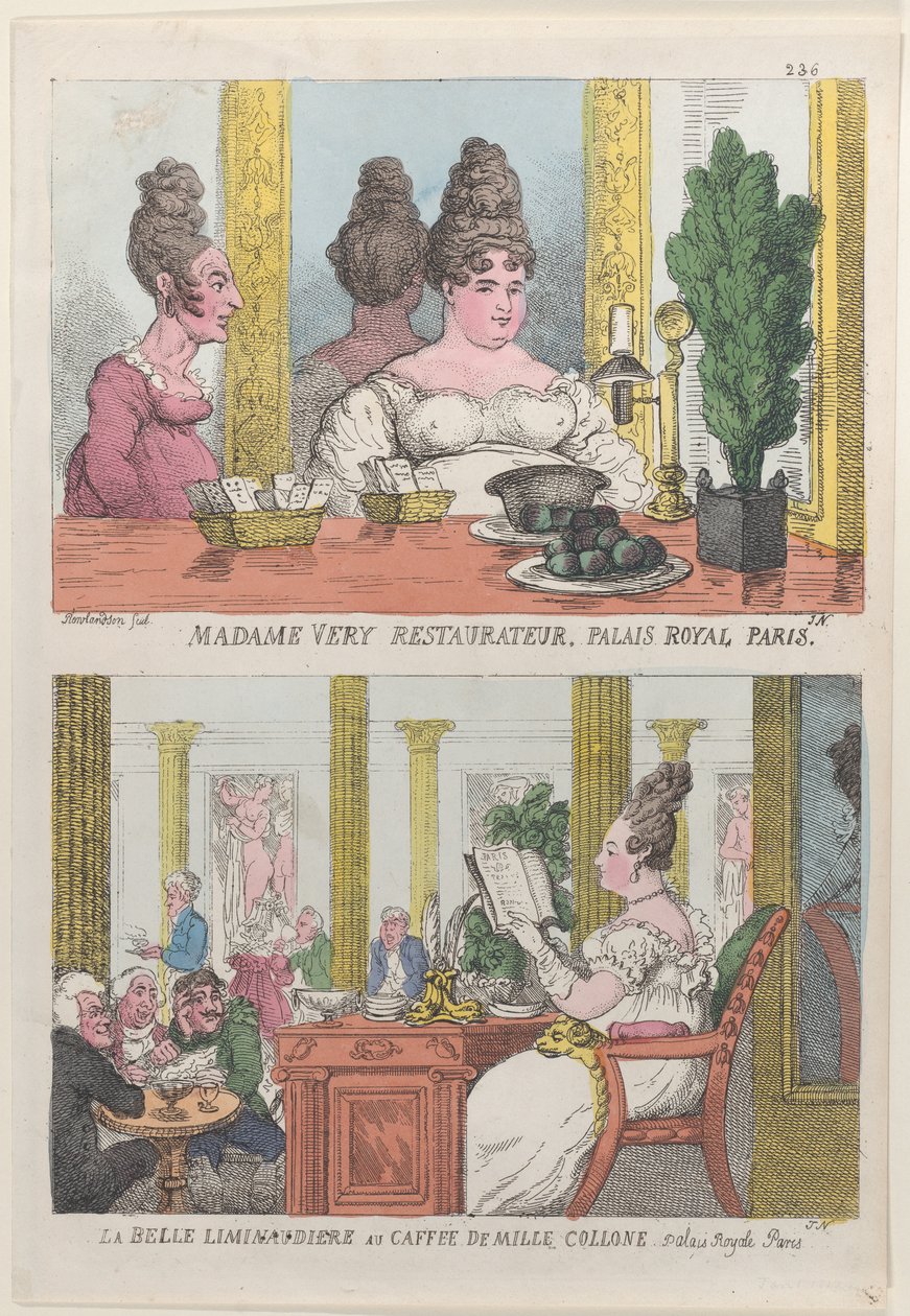 Madame Very Restauranteur, Palais Royal Paris i La Belle Liminaudiere w Caffee De Mille..., 1814. autorstwa Thomas Rowlandson