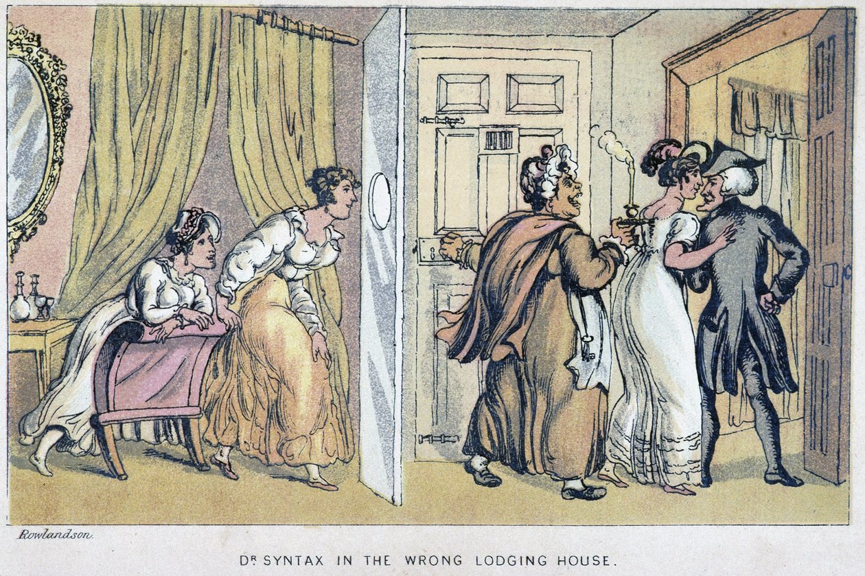 Maison close - w „Trzech podróżach doktora Syntaxa w poszukiwaniu malowniczej pociechy i żony”” Williama Combe, il. autorstwa Rowlandsona, Johna Camdena Hottena, Picadilly, Londyn autorstwa Thomas Rowlandson