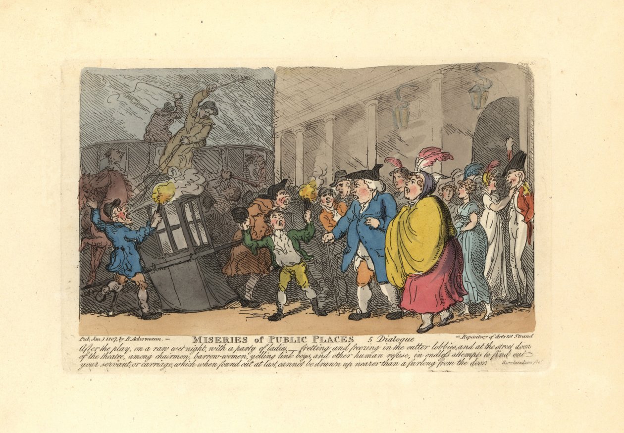 Mężczyźni i kobiety szukający powozu w tłumie w deszczu. autorstwa Thomas Rowlandson