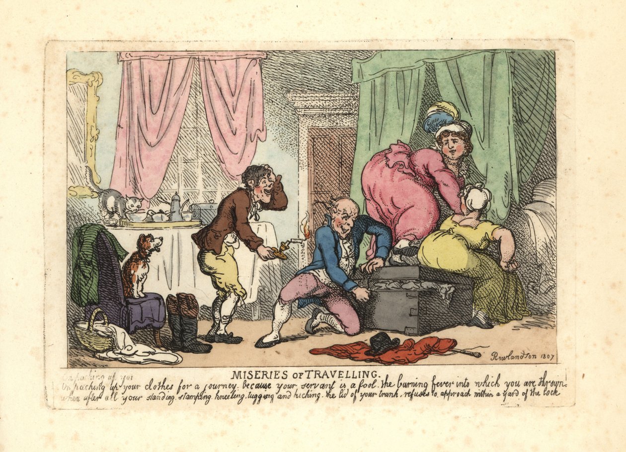 Mężczyzna i dwie kobiety nie zamykają zapakowanego bagażnika. autorstwa Thomas Rowlandson