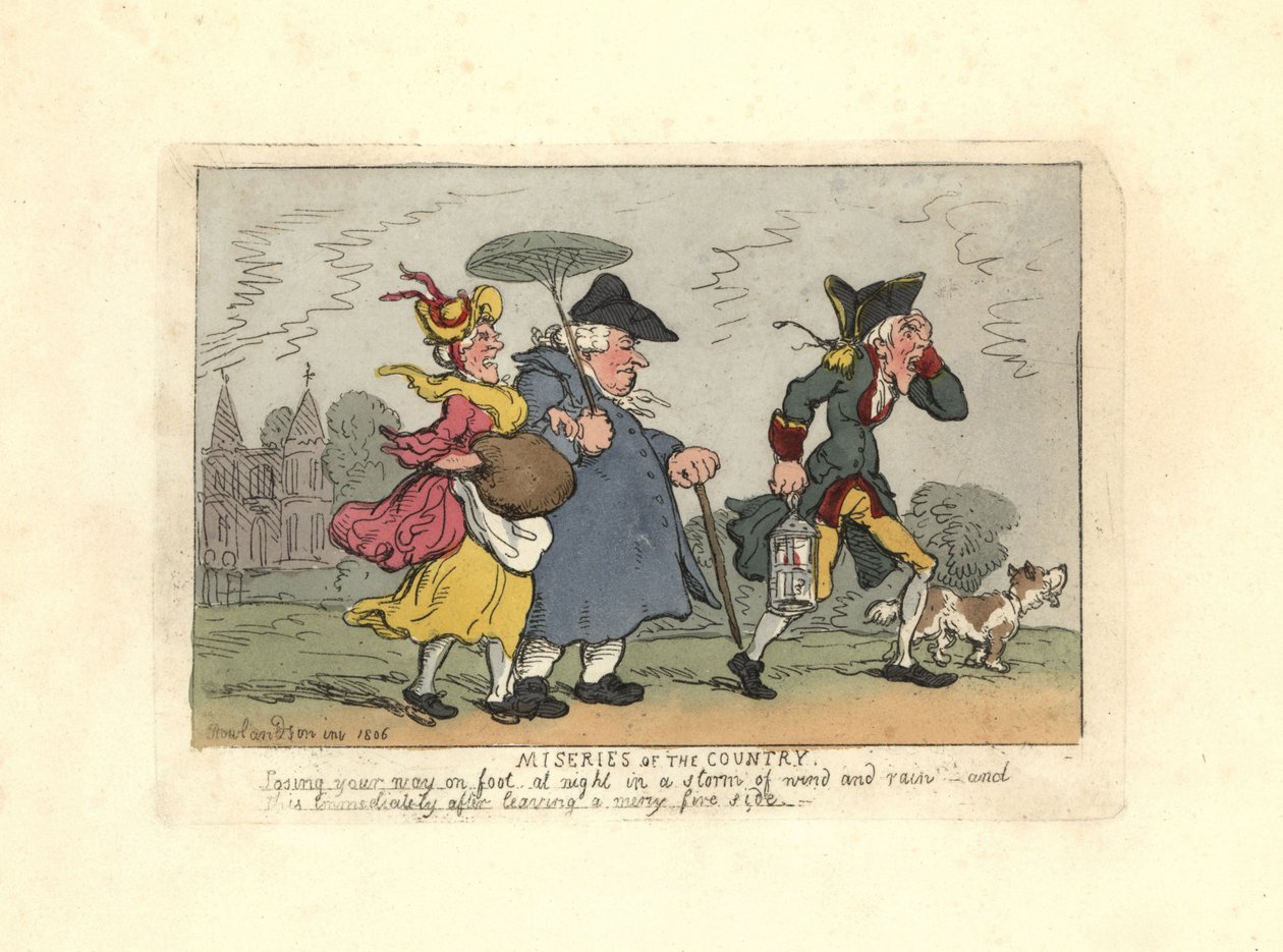 Mężczyzna i kobieta zagubieni na wsi podczas nocnej burzy. autorstwa Thomas Rowlandson