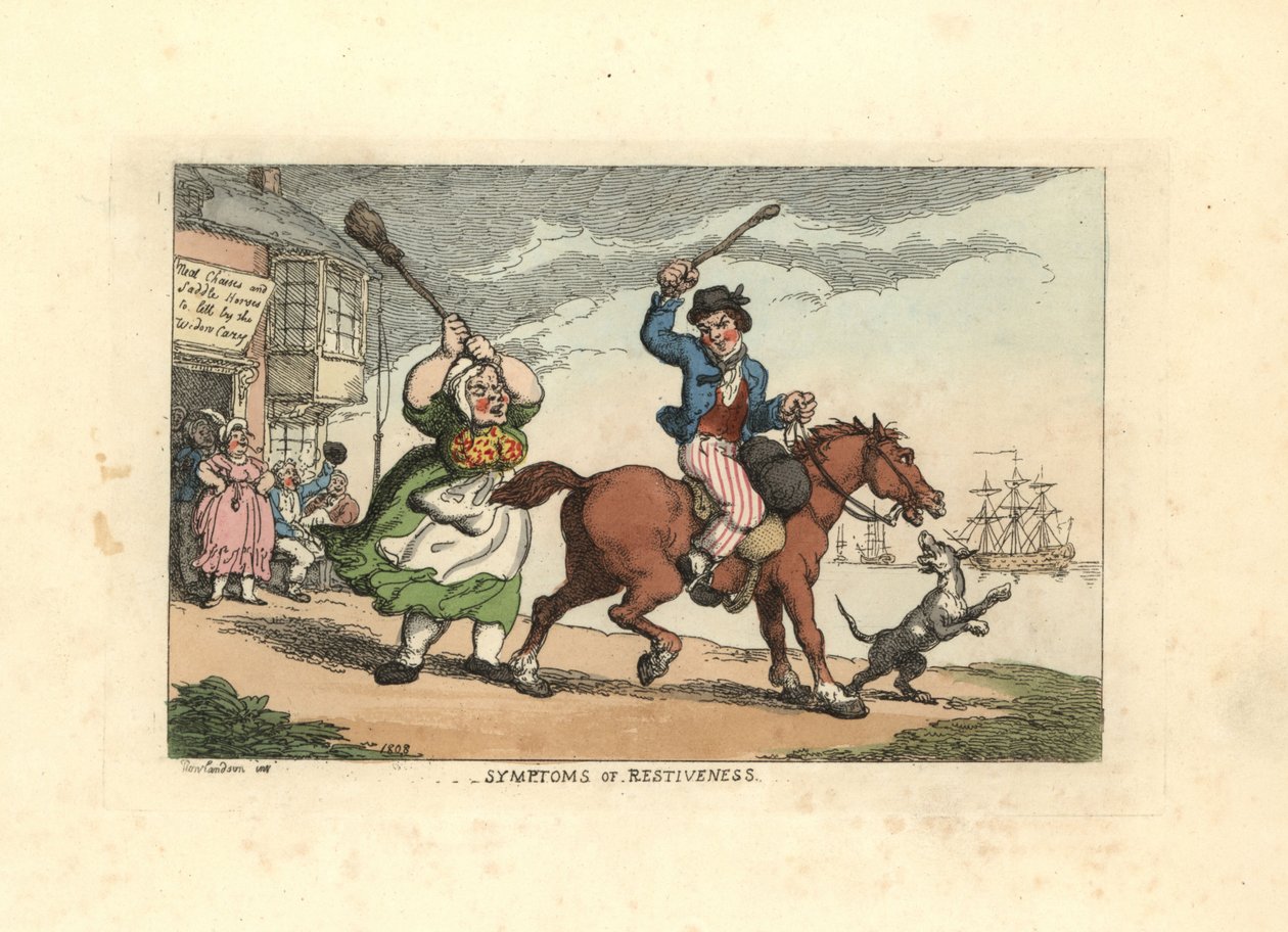 Mężczyzna bijący pałką upartego konia, podczas gdy właściciel Wido autorstwa Thomas Rowlandson