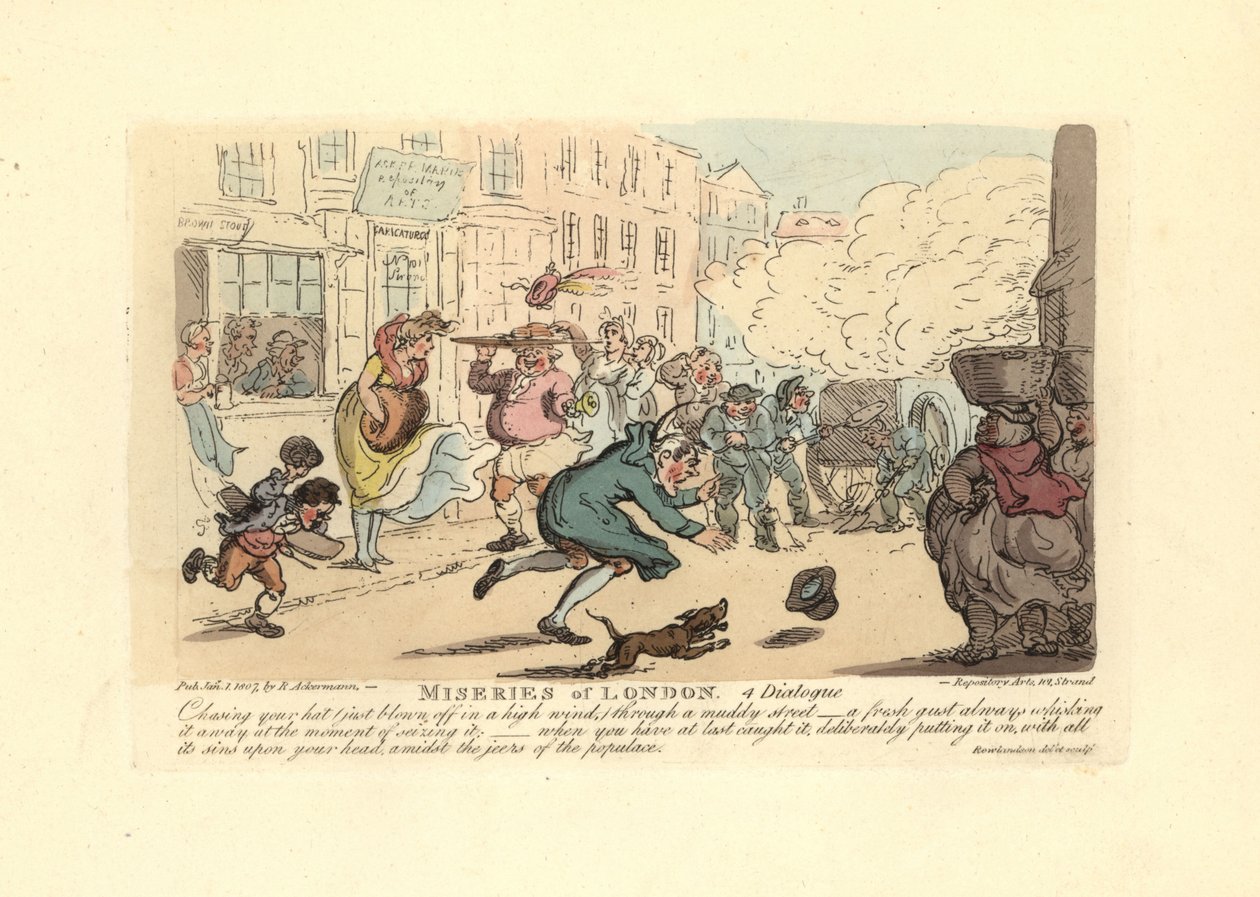 Mężczyzna goniący swój kapelusz po błotnistej ulicy przy silnym wietrze. autorstwa Thomas Rowlandson
