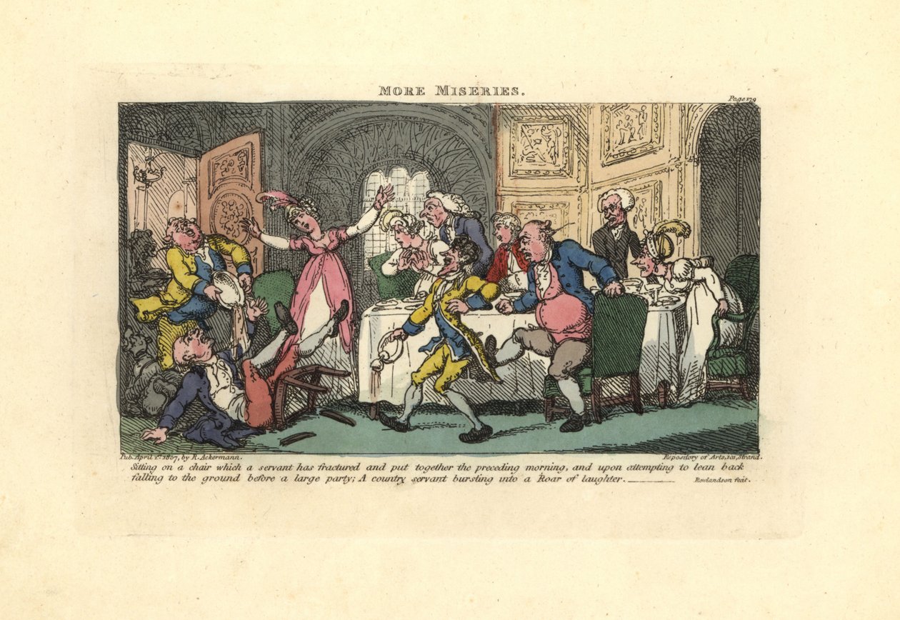 Mężczyzna spadający z połamanego krzesła na przyjęciu. autorstwa Thomas Rowlandson