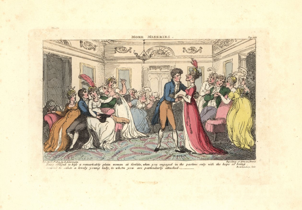 Mężczyzna zmuszony do pocałowania brzydkiej kobiety na imprezie tanecznej. autorstwa Thomas Rowlandson