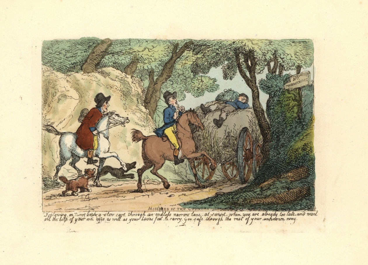Mężczyzna na koniu za wolno jadącym wózkiem na wąskim pasie. autorstwa Thomas Rowlandson