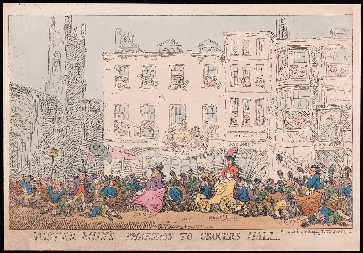 Procesja Mistrza Billysa do Grocers Hall, wyd. 1784 (grawerowanie ręcznie kolorowane) autorstwa Thomas Rowlandson