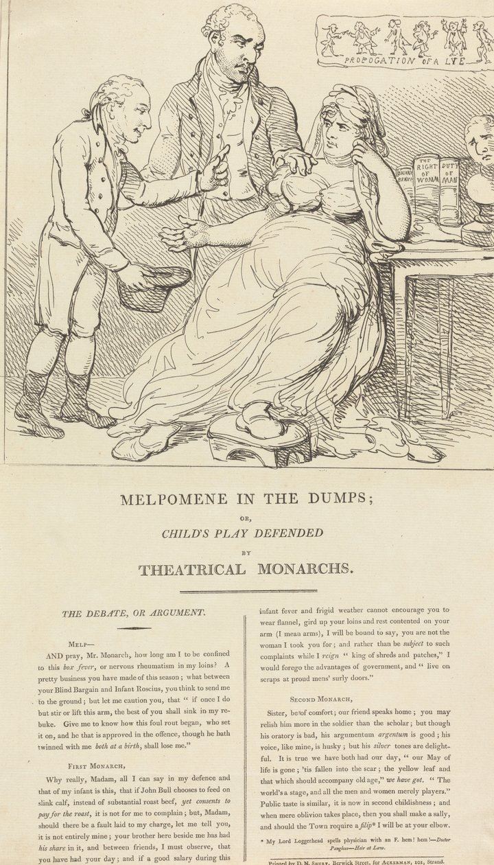 Melpomene w dołku; czyli: „Dziecięca zabawa” w obronie teatralnych monarchów autorstwa Thomas Rowlandson