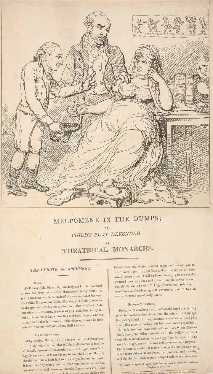 Melpomene w dołku, czyli „Dziecięca zabawa” w obronie teatralnych monarchów autorstwa Thomas Rowlandson