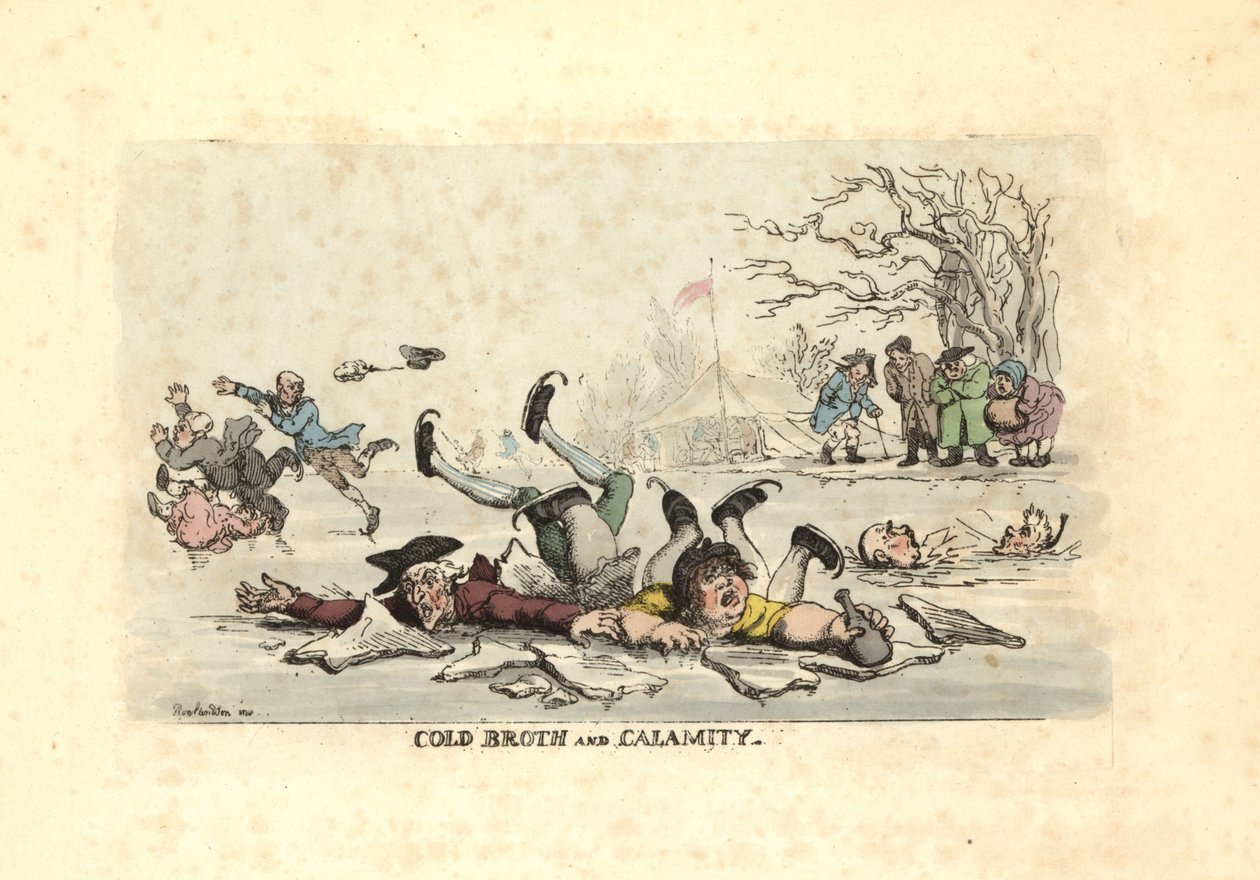 Mężczyźni i kobiety jeżdżący na łyżwach po cienkim lodzie i wpadający w lodowate ri autorstwa Thomas Rowlandson