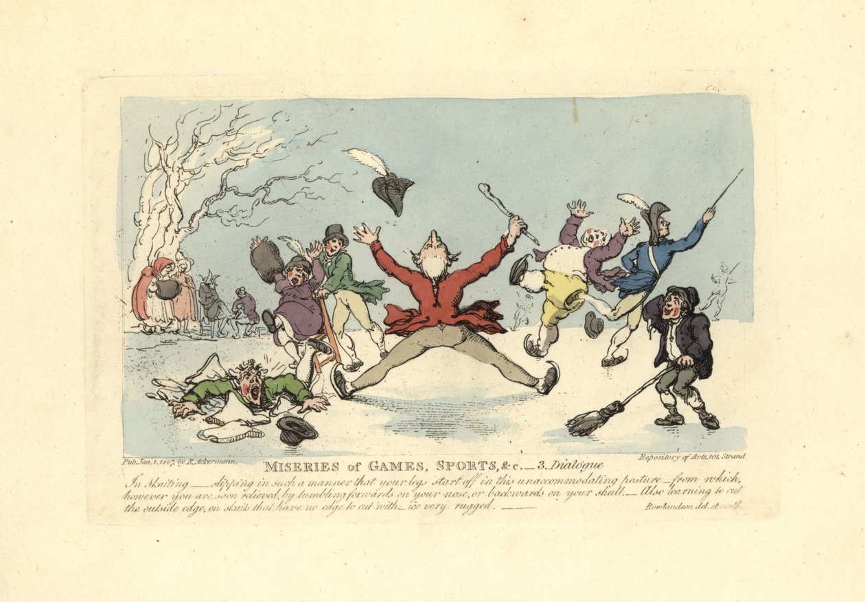 Mężczyźni spadający na łyżwy, inny spadający przez lód itp. autorstwa Thomas Rowlandson