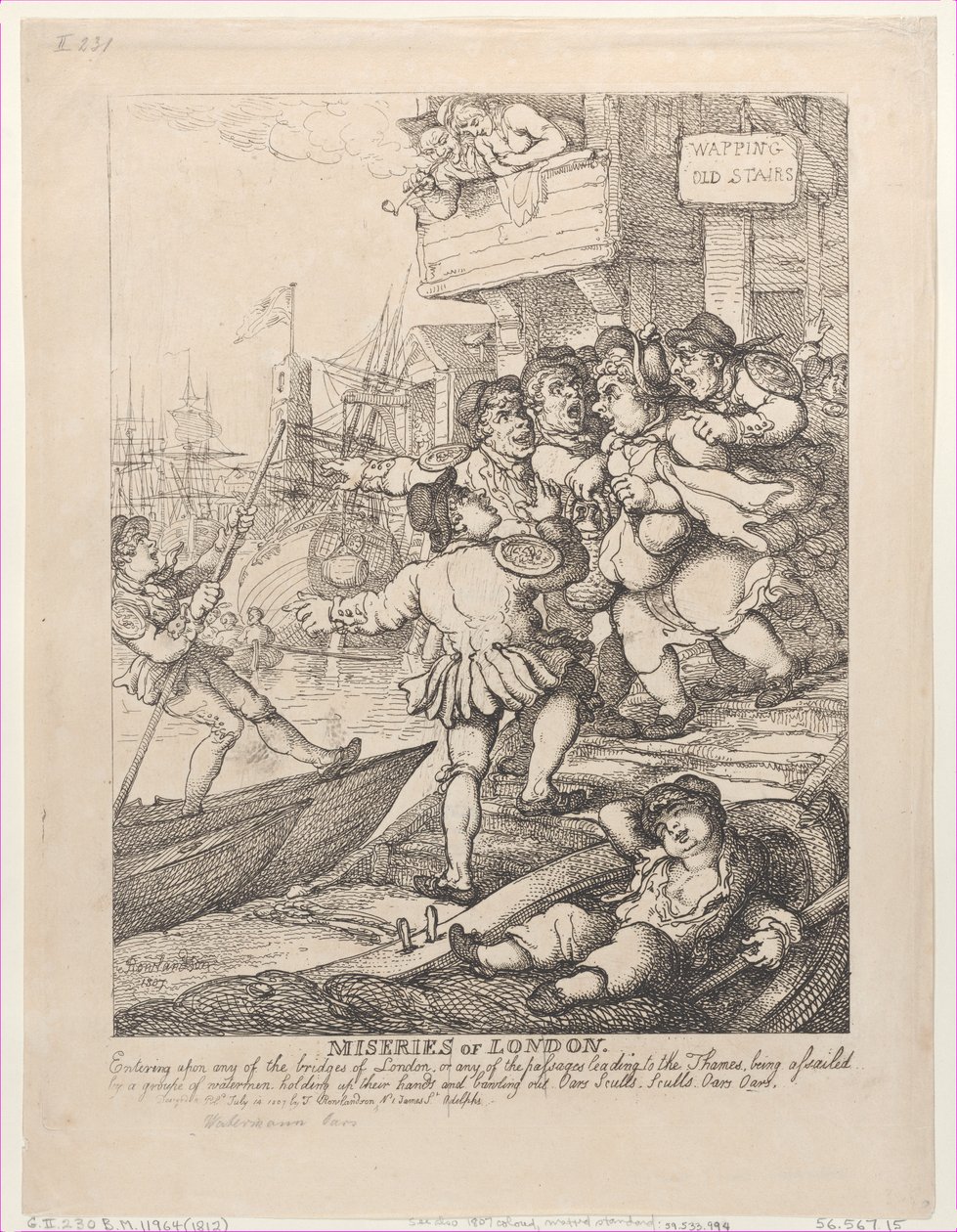 Miseries of London: Wejście na którykolwiek z mostów Londynu lub na którąkolwiek z przełęczy..., 14 lipca 1807 r. autorstwa Thomas Rowlandson