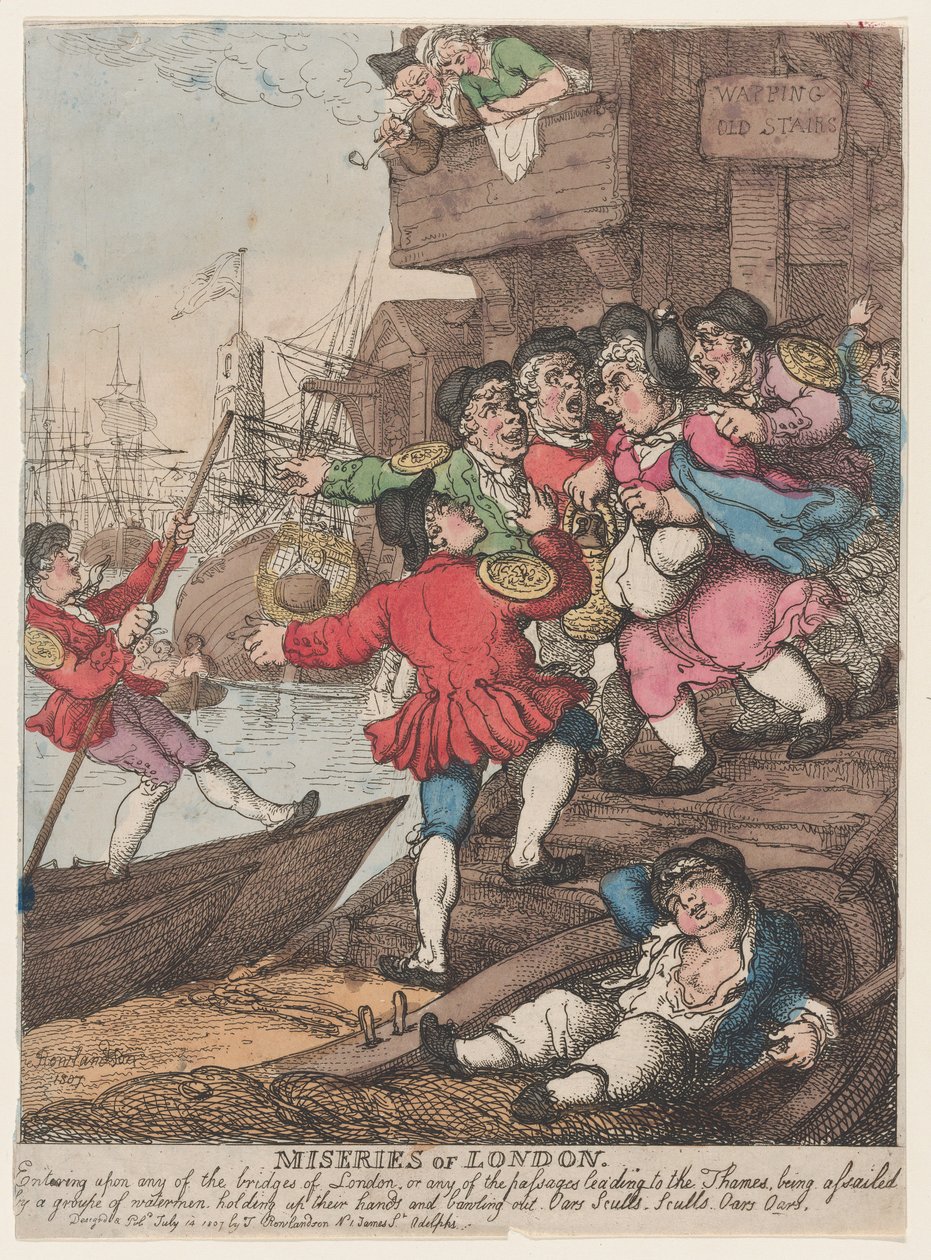 Miseries of London: Wejście na którykolwiek z mostów Londynu lub na którąkolwiek z przełęczy..., 14 lipca 1807 r. autorstwa Thomas Rowlandson