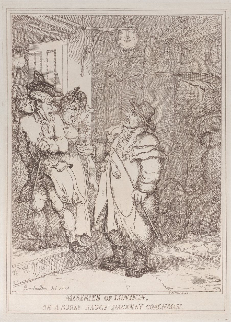 Nieszczęścia Londynu, czyli zrzędliwy i zuchwały woźnica dorożki z dzielnicy Hackney autorstwa Thomas Rowlandson