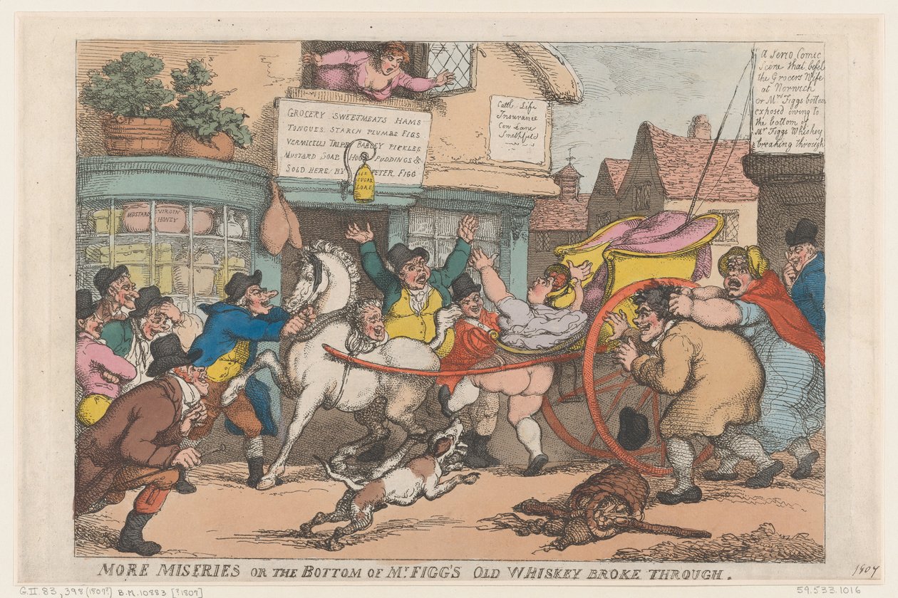 Więcej Miseries: The Bottom of Old Whisky Mr Figg przełamał się, 1807., 1807. autorstwa Thomas Rowlandson