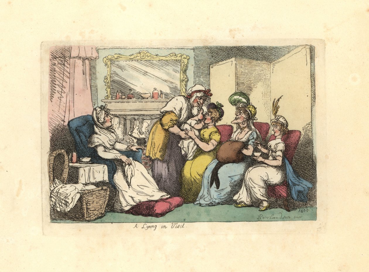 Matka z nowo narodzonym dzieckiem odwiedzana przez kilka kobiet w salonie. autorstwa Thomas Rowlandson