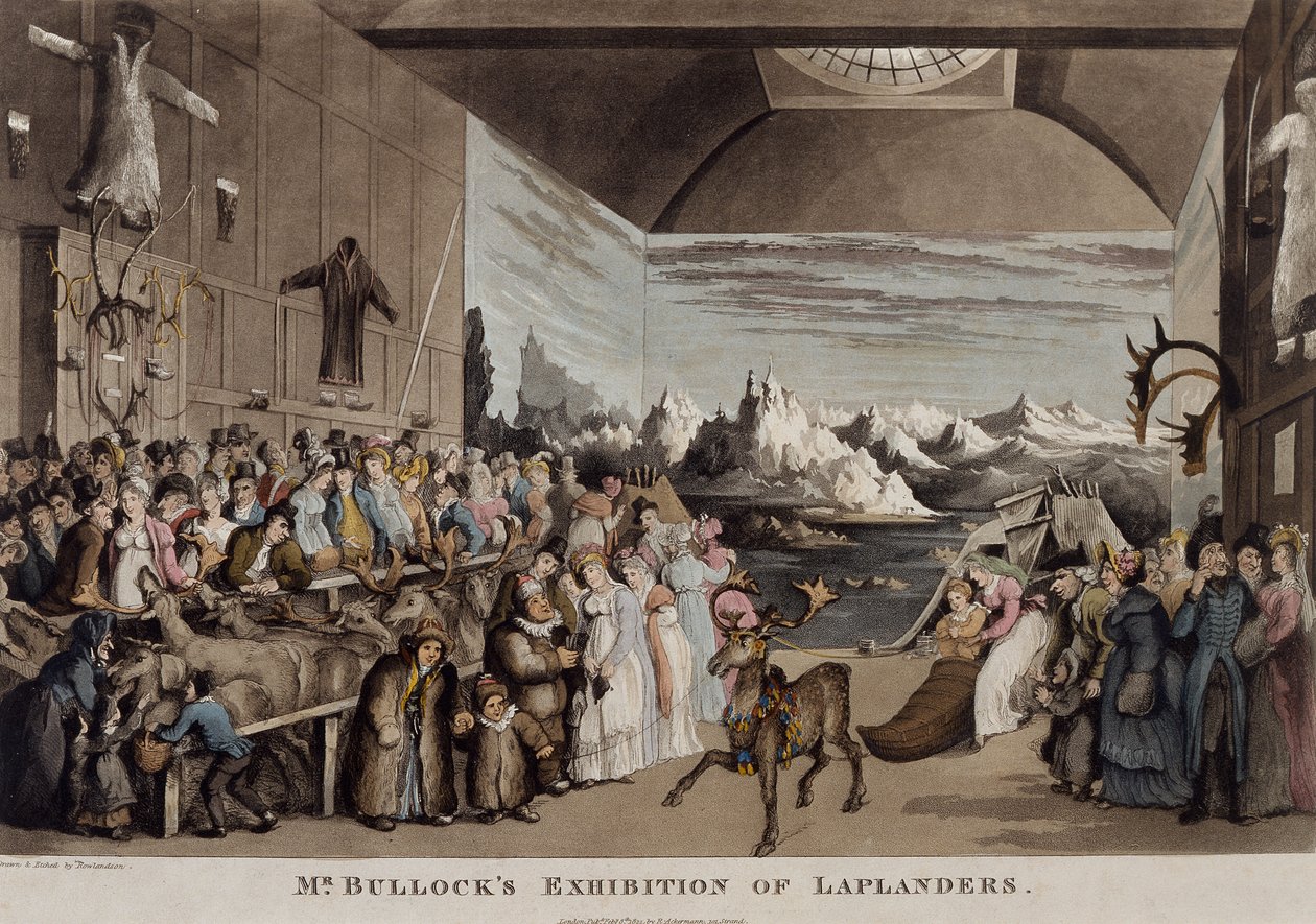 Wystawa Lapończyków pana Bullocka w Egyptian Hall, Piccadilly, 1822 (akwatinta) autorstwa Thomas Rowlandson