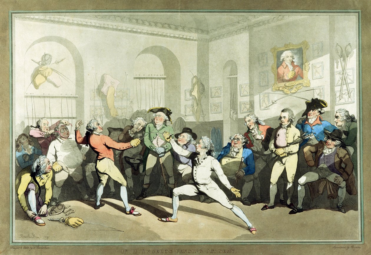Akademia Szermierki Pana H Angelo, grawerowana przez Charlesa Rosenberga, 1791 (akwatinta ręcznie kolorowana) autorstwa Thomas Rowlandson